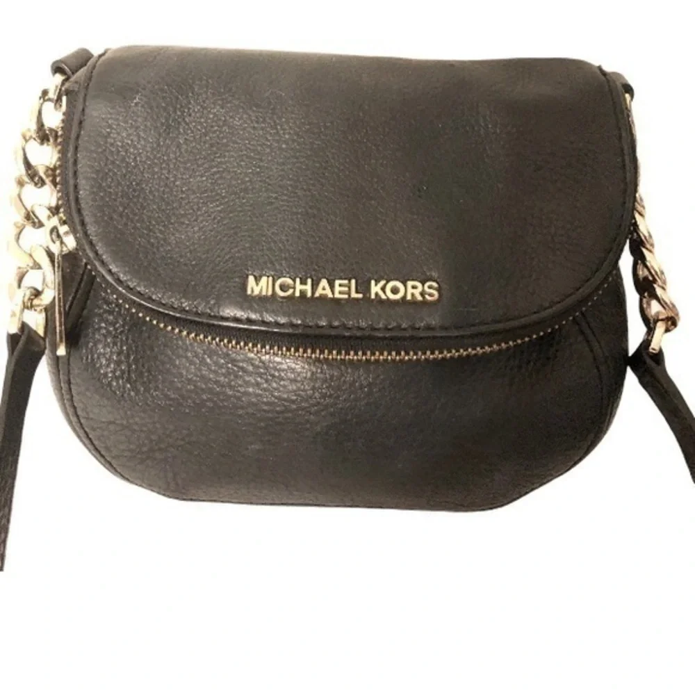 MICHAEL KORS black leather fold over crossbody bag